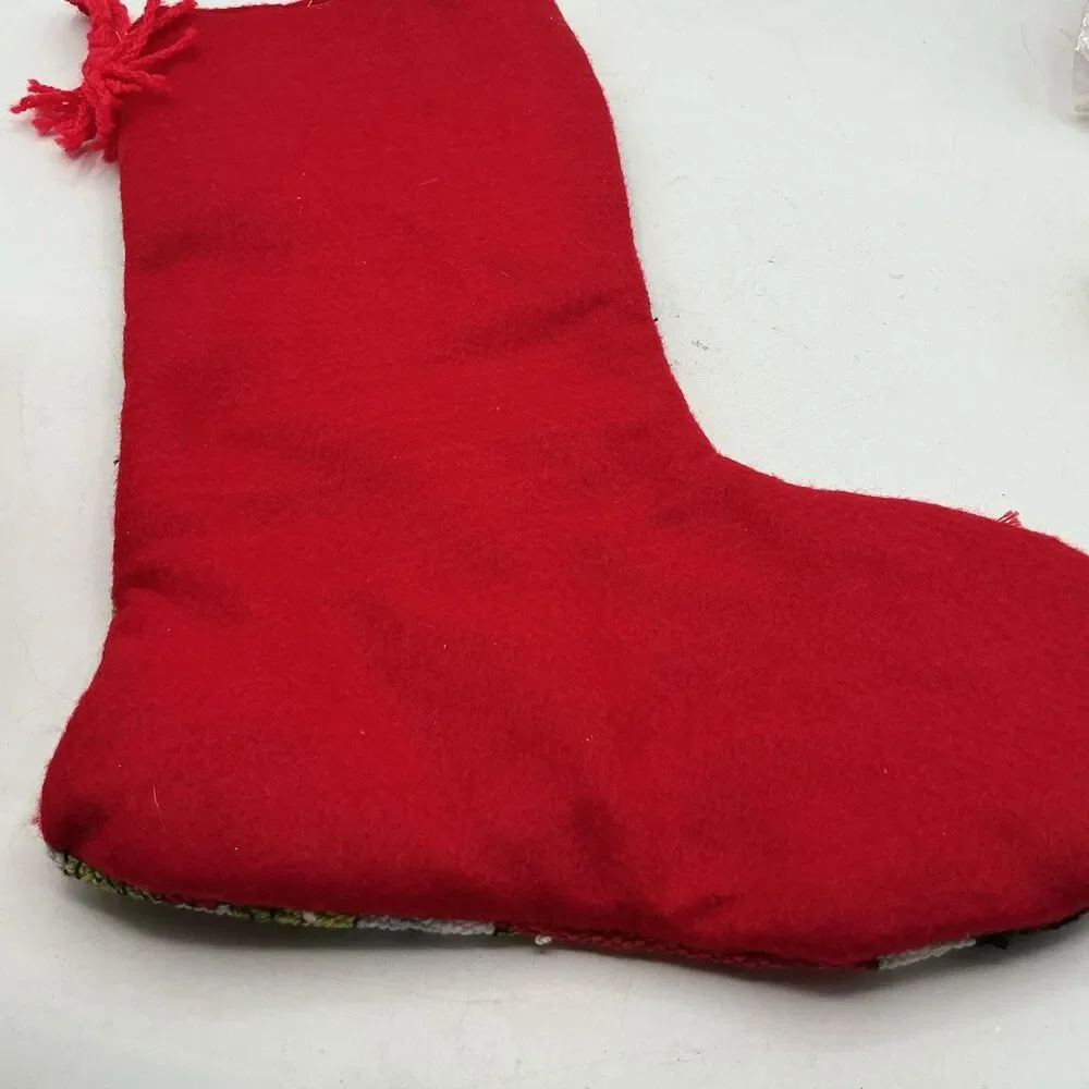 Handmade Needlepoint Christmas Stocking Snowman Teddy Bear 15” Red Felt Back